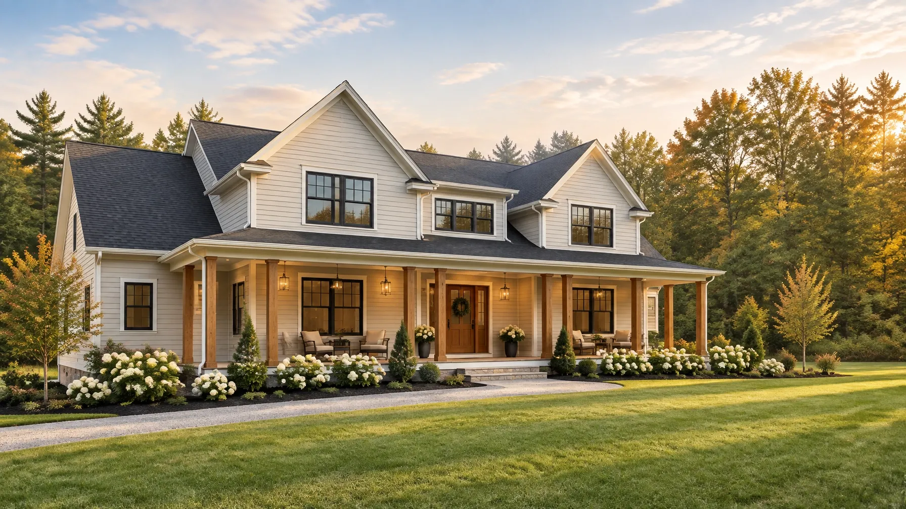 Finished two-story custom home with a covered porch and landscaped walkway